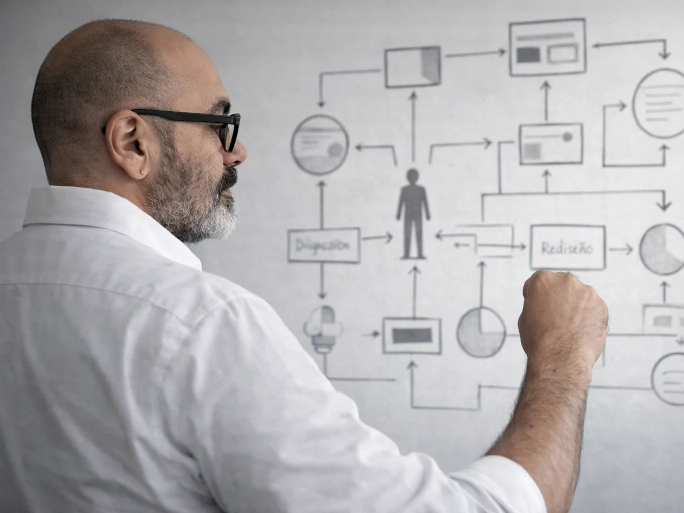 Claudio Reyes trabajando sobre un diagrama de procesos y rediseño organizacional